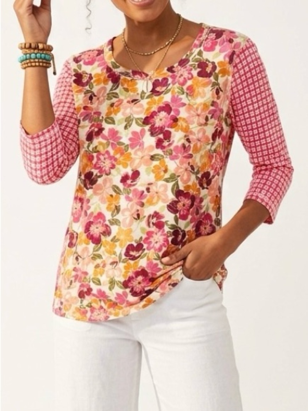 Cino Floral Mix Print Knit Top Boho Pattern Play 3/4 Sleeve Size M